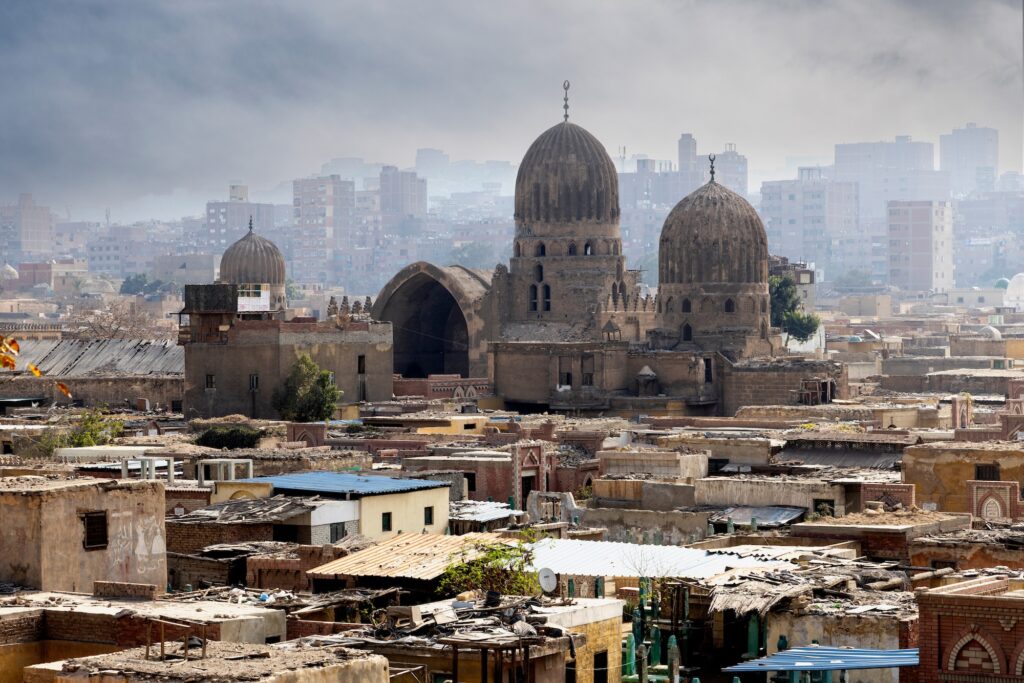A view of historic urban ruins and dense old city buildings near the Citadel of Saladin, Cairo