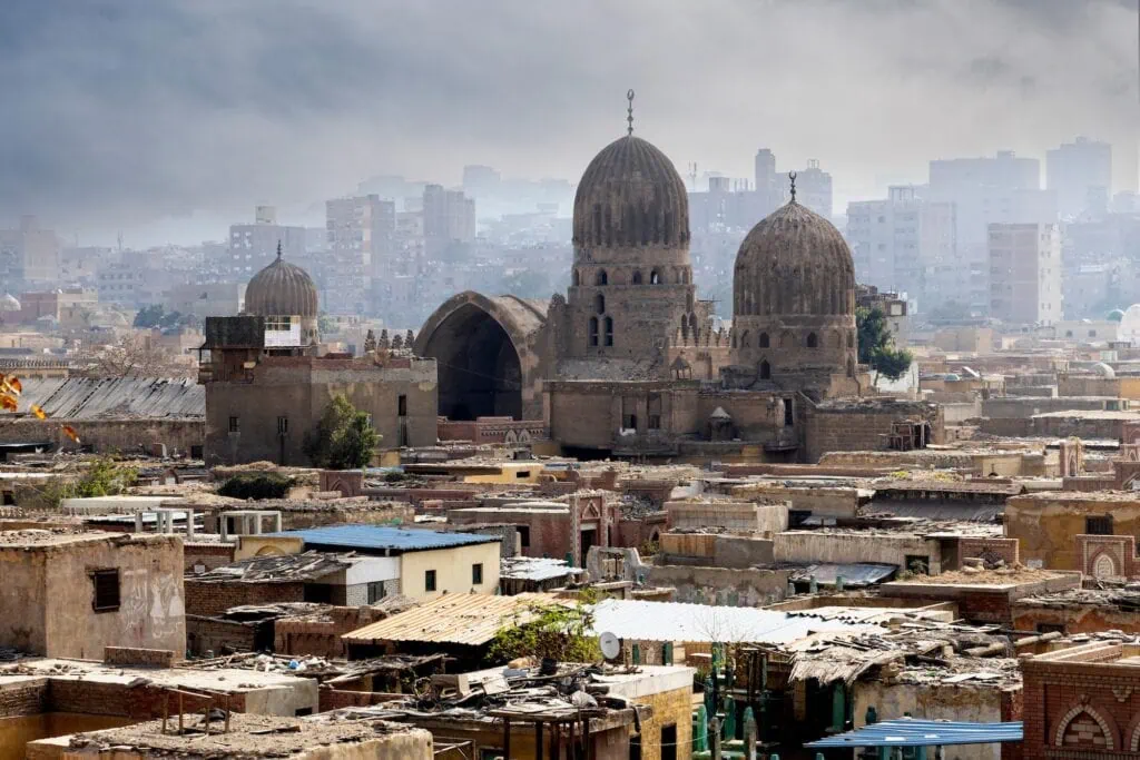 A view of historic urban ruins and dense old city buildings near the Citadel of Saladin, Cairo