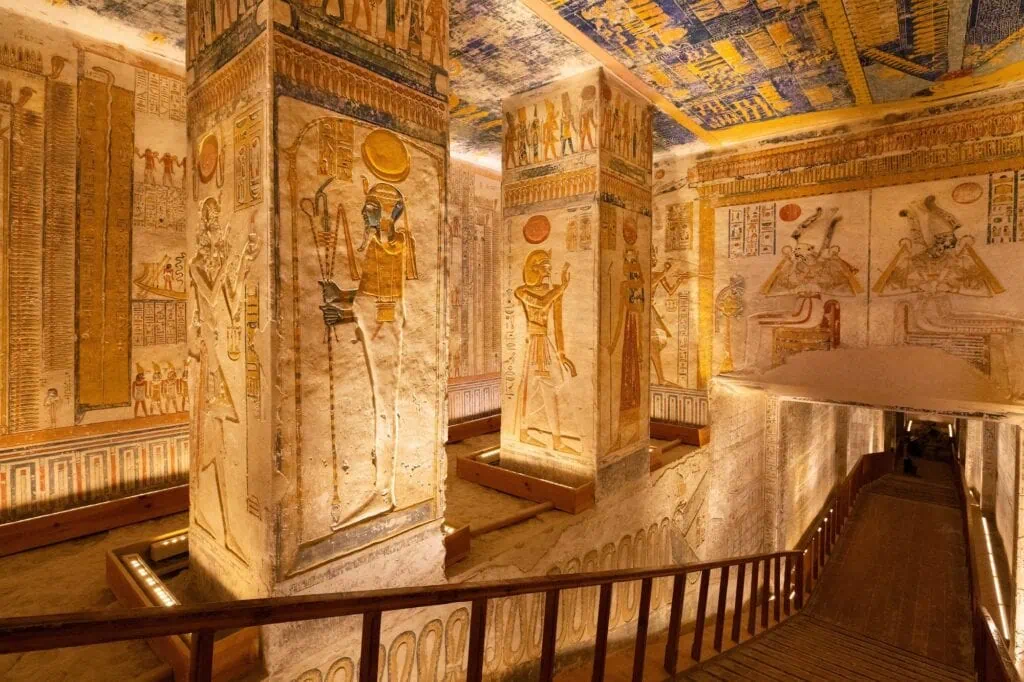 Decorated burial chamber with painted hieroglyphs and ceiling scenes inside the Tomb of Ramesses VI in the Valley of the Kings, Luxor