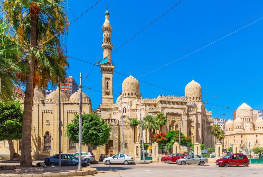Exterior view of Abu al-Abbas al-Mursi Mosque with its main dome and minarets, Alexandria