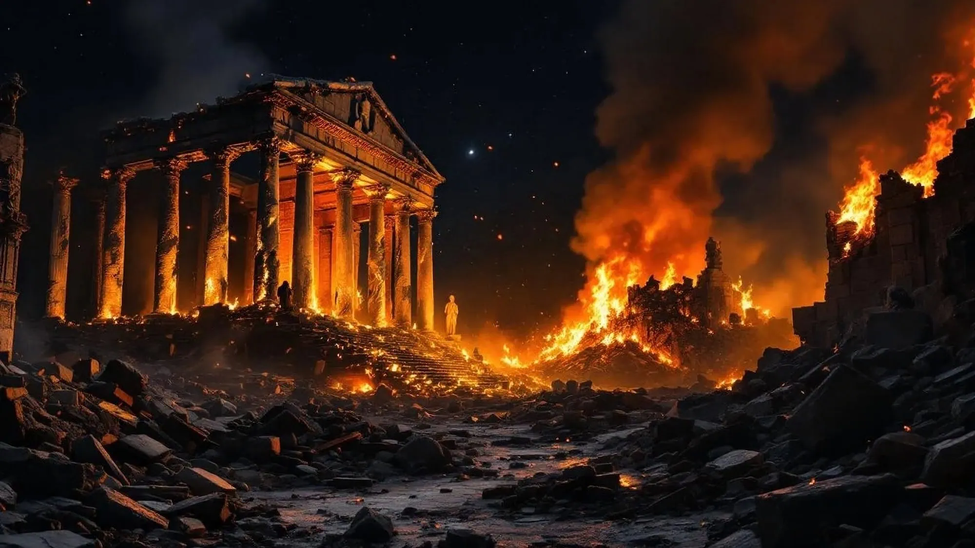 Digital artwork of the burning Library of Alexandria with classical columns and flames