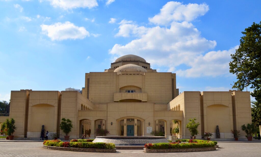 Main entrance and exterior facade of the Egyptian Opera House in Zamalek, Cairo