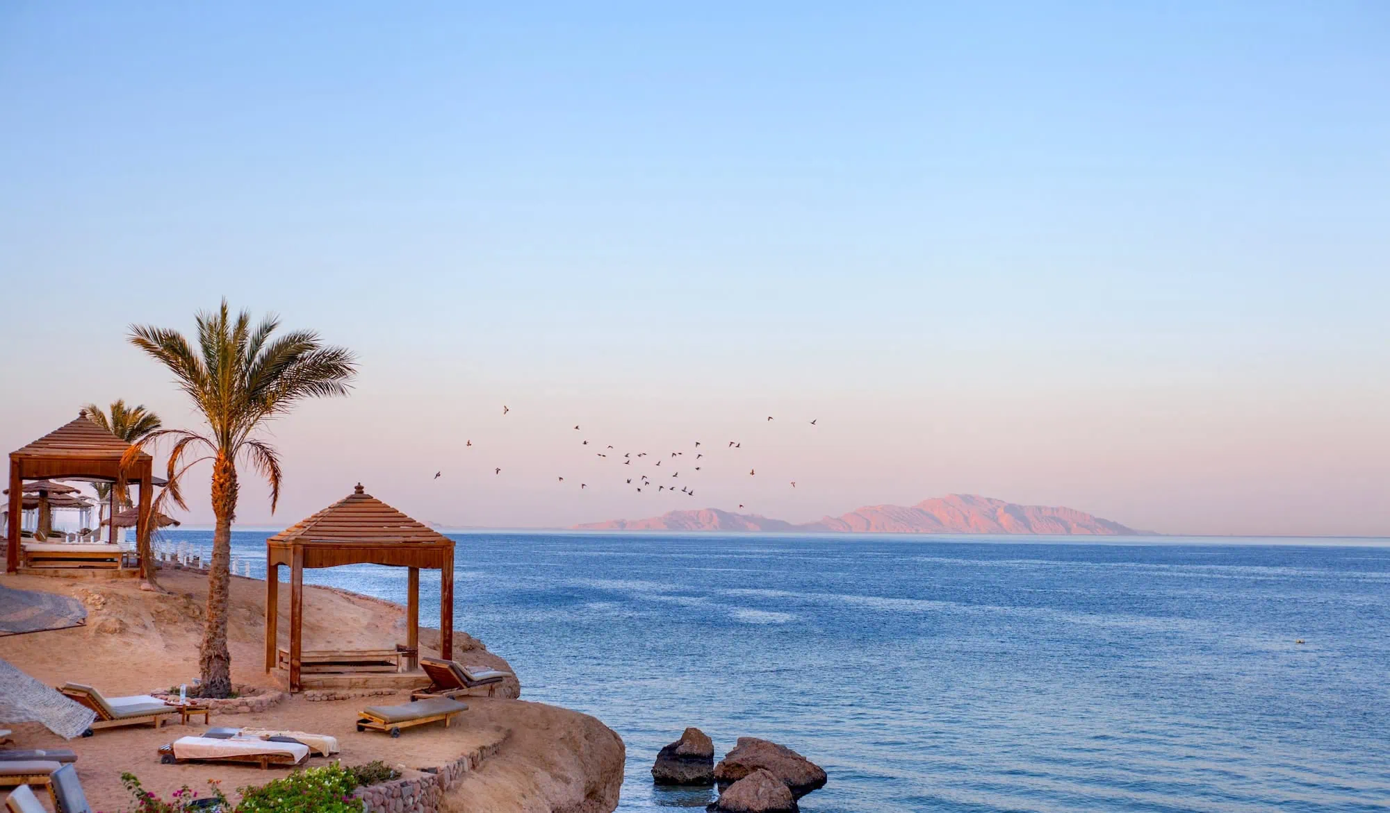 Luxury beach resort on the Red Sea with loungers, gazebos, palm trees and crystal blue waters