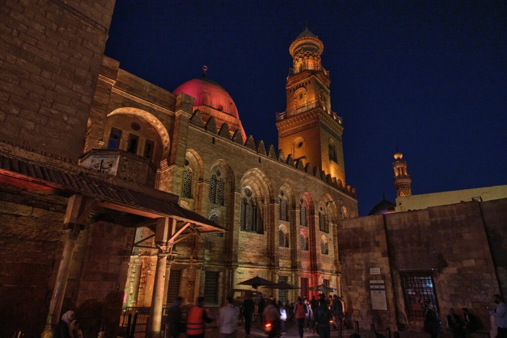 Night view of the illuminated Qalawun Complex along Al-Muizz li-Din Allah Street, Qalawun Complex, Cairo
