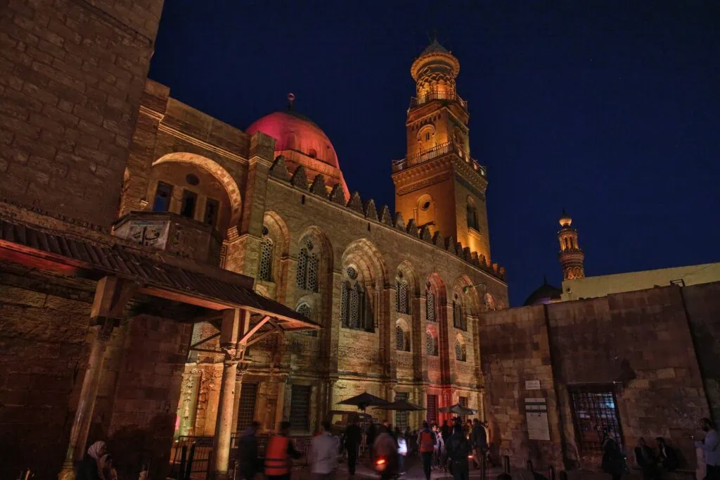 Night view of the illuminated Qalawun Complex along Al-Muizz li-Din Allah Street, Qalawun Complex, Cairo