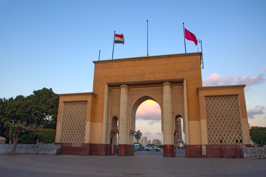 Main arched gate of the Cairo Opera House featuring a triumphal-arch style entrance in downtown Cairo, Cairo Opera House, Cairo