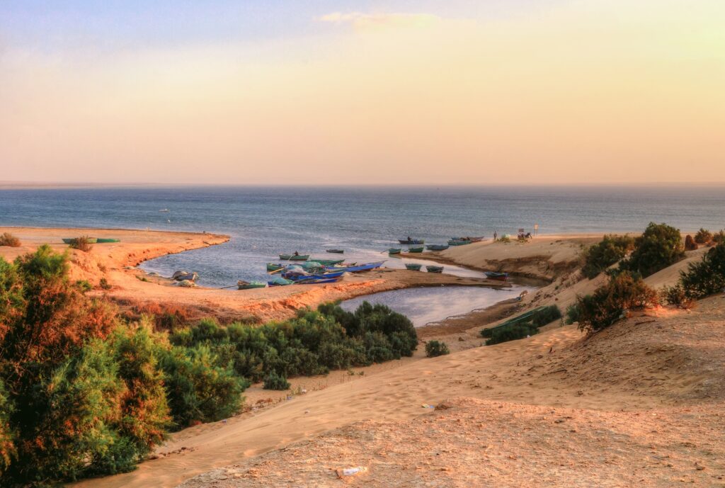 View of water bordered by desert sands and green vegetation across the landscape at Wadi El Rayan, Fayoum