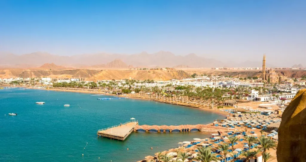 Panoramic view of Sharm El-Maya Bay with sandy beach and coastal cliffs, Sharm El Sheikh