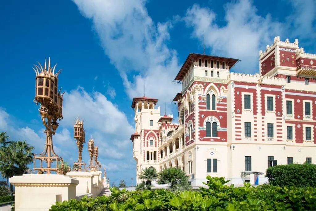 Panoramic view of Montazah Palace with surrounding gardens and coastline, Alexandria
