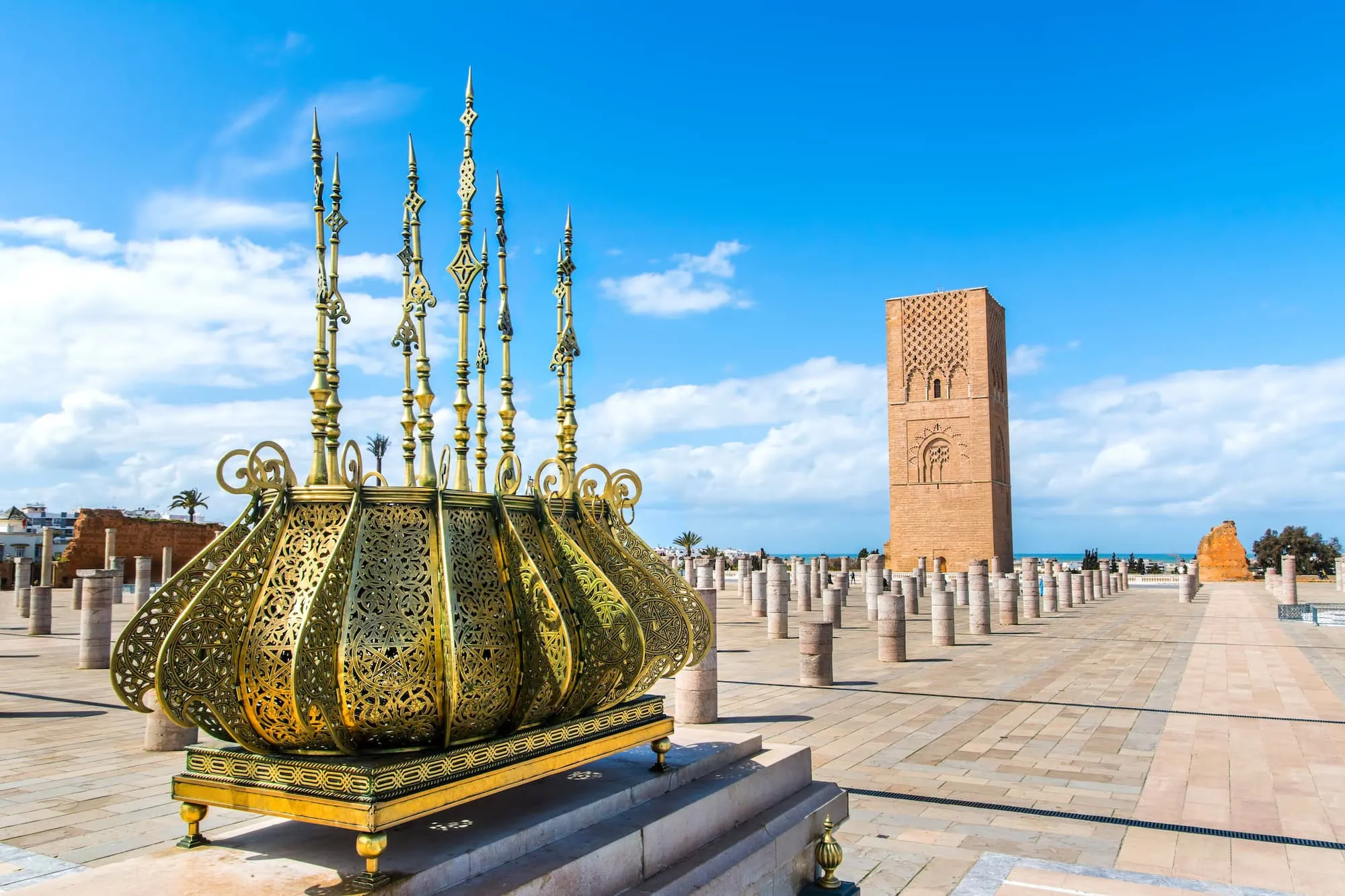 Hassan Tower and Mohammed V Mausoleum complex in Rabat showing Islamic architecture and stone plaza