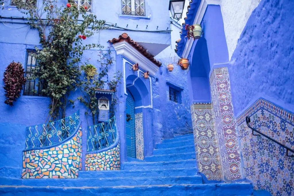 Blue-painted alleyways with steps and doorways in Chefchaouen medina, Chefchaouen