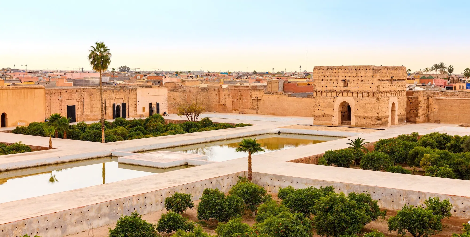 El Badi Palace ruins in Marrakech with ancient walls and reflecting pool