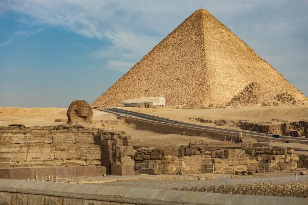 Great Sphinx with the Great Pyramid of Giza in the background, Giza