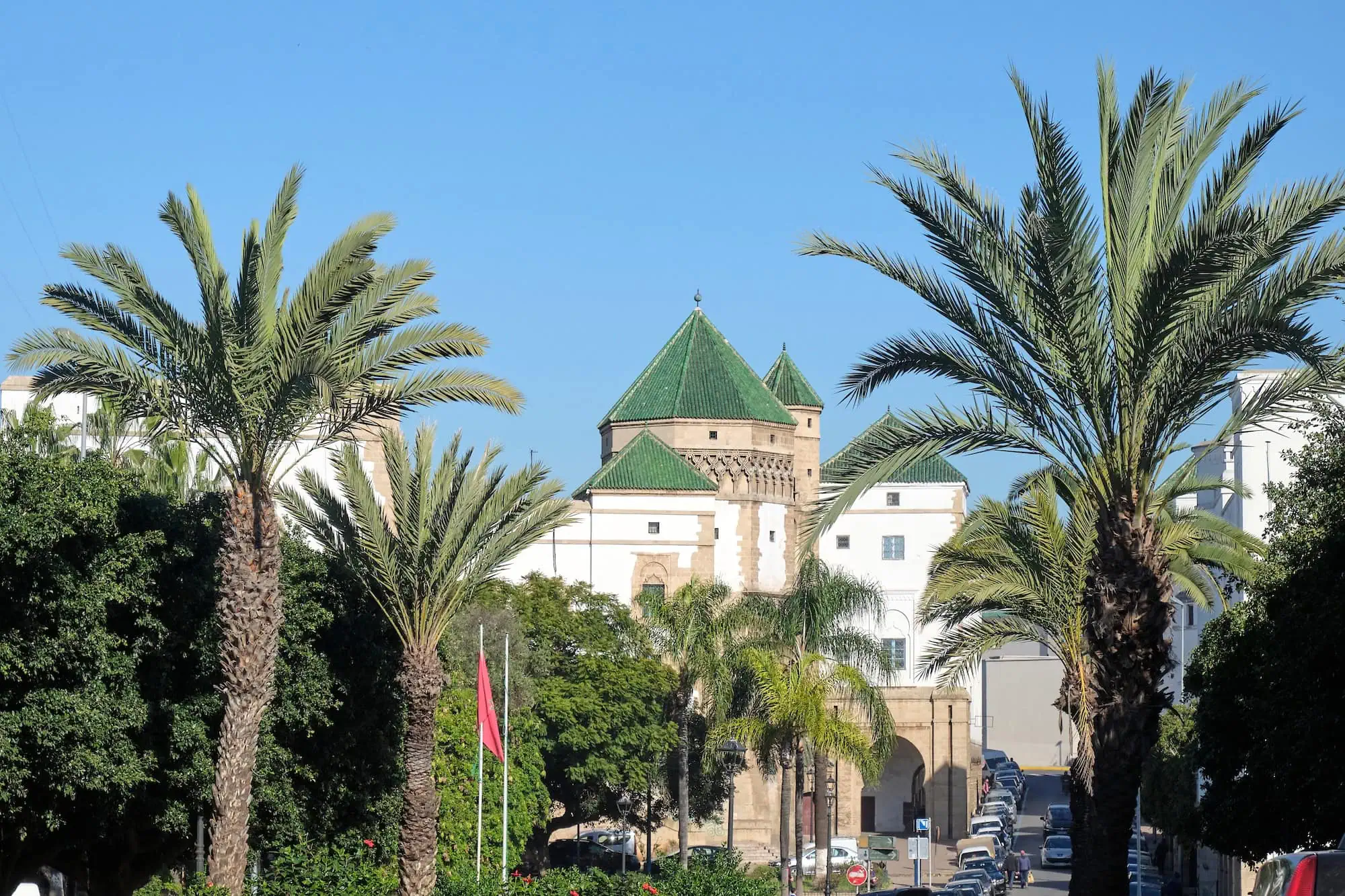 Traditional Moroccan building with green conical roofs in Casablanca's old medina