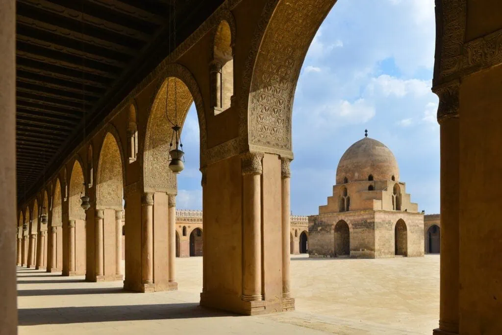 Courtyard and spiral minaret of Ibn Tulun Mosque, Cairo
