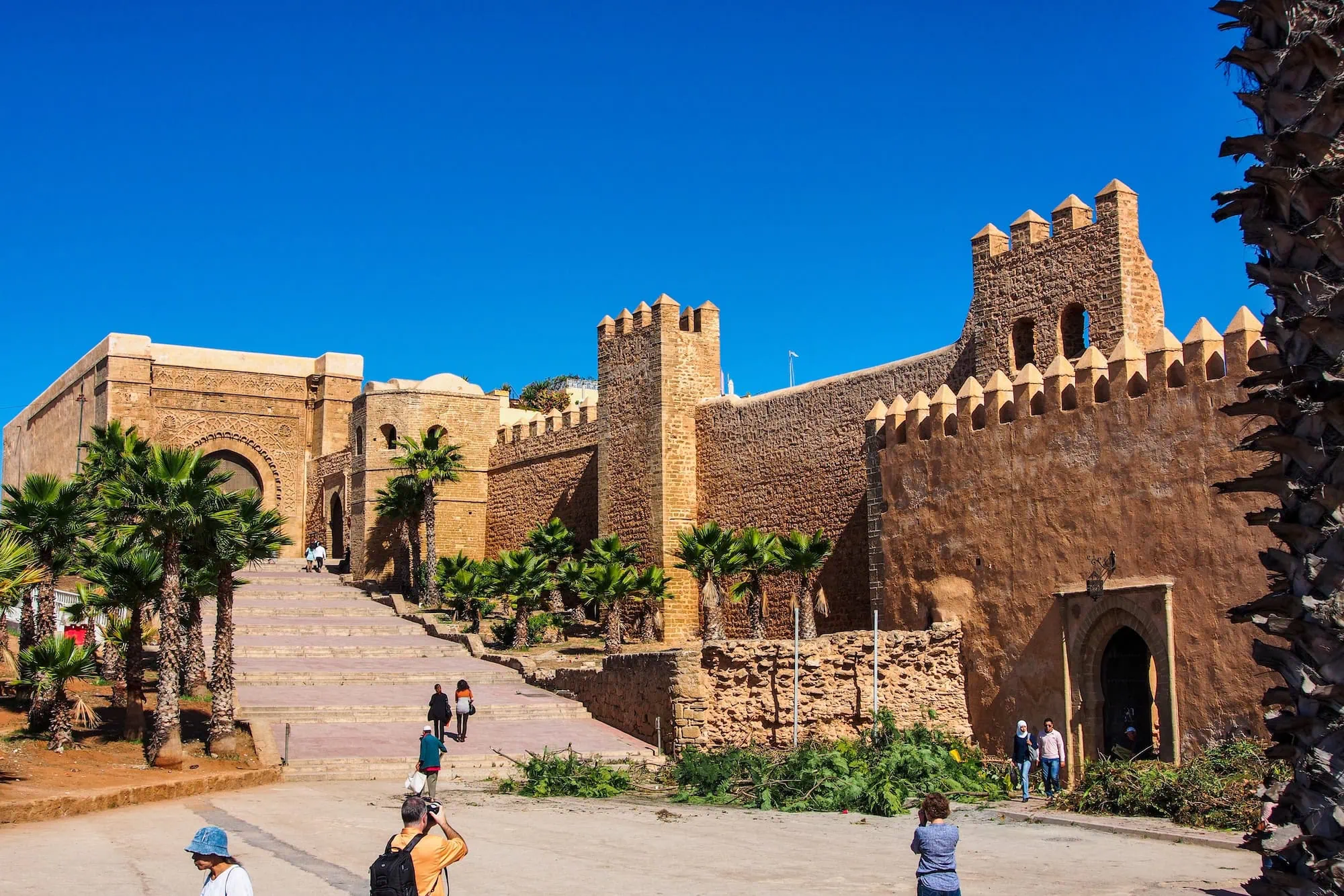 Historic Kasbah of the Udayas fortress in Rabat with sandstone walls and visitors