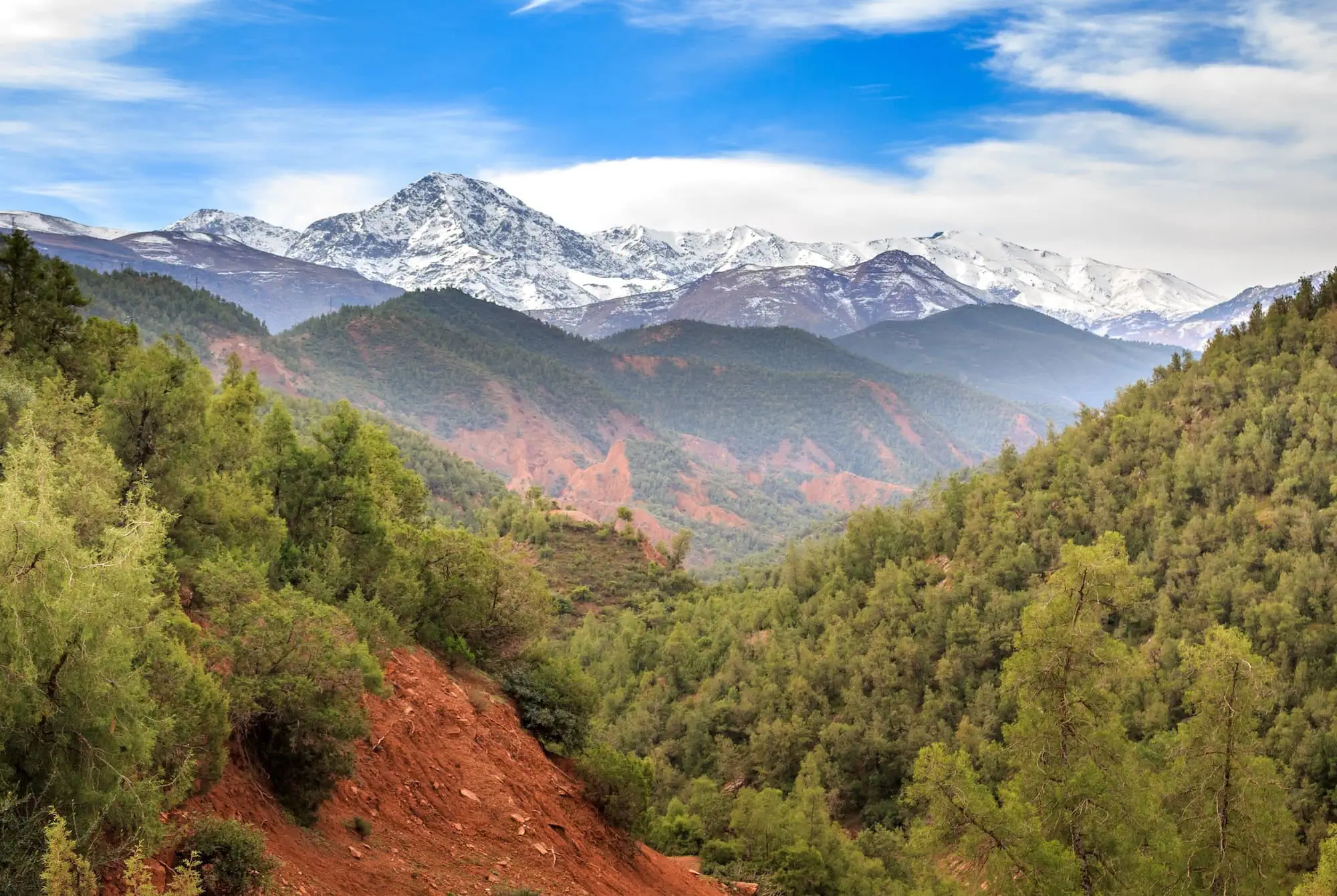 Panoramic view of Atlas Mountains near Marrakesh with snow-capped peaks and valleys