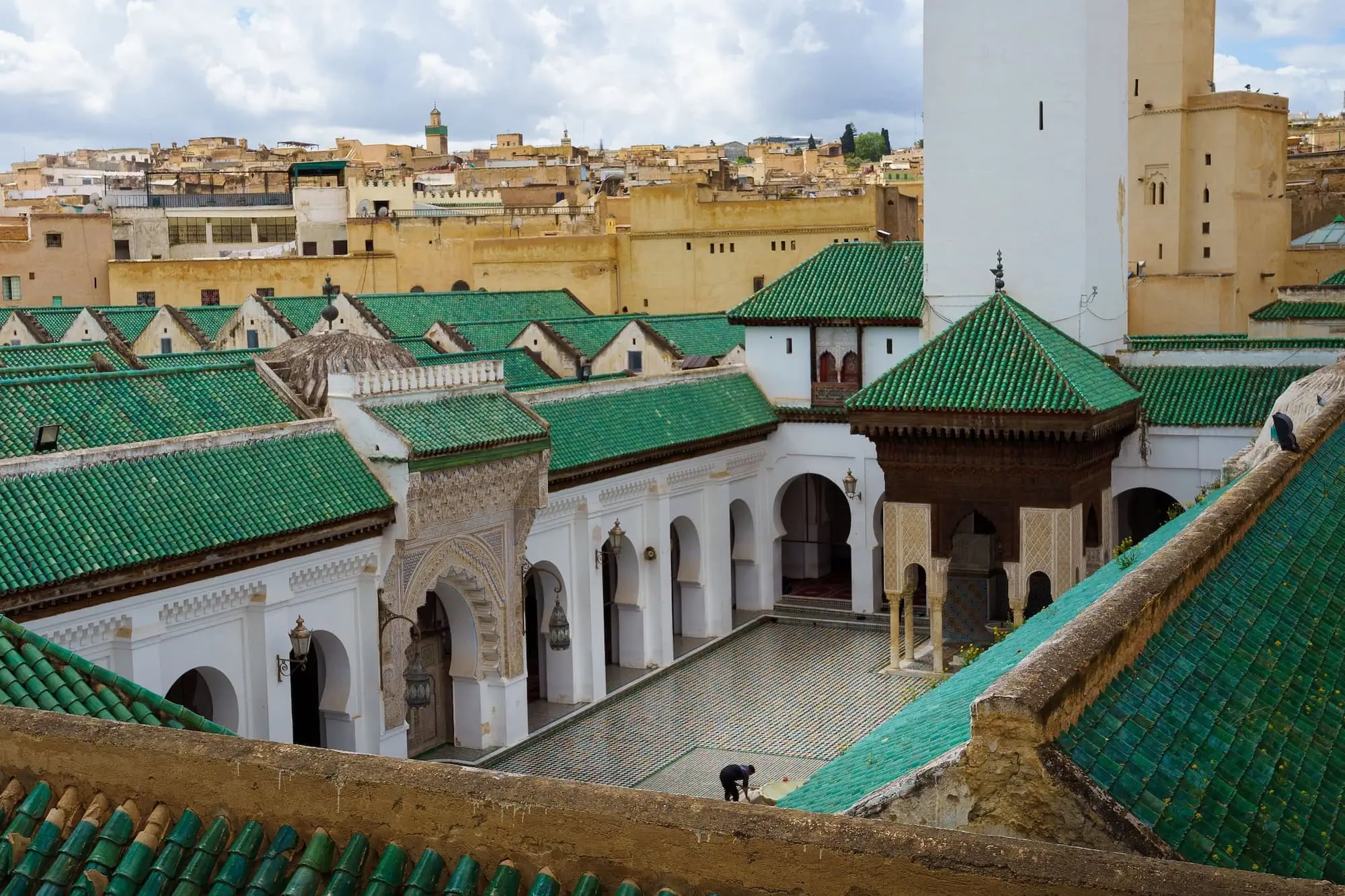 Aerial view of Al-Qarawiyyin Mosque and University complex in Fes, Morocco