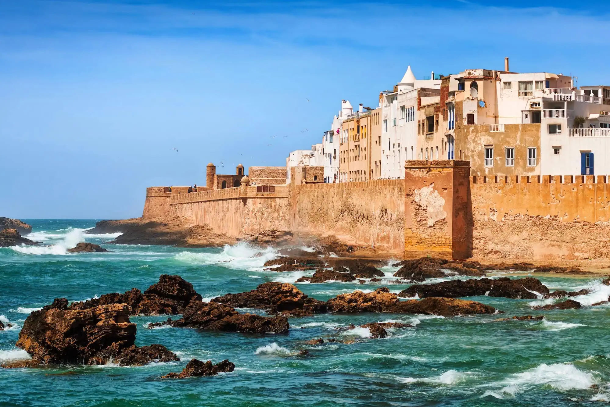 White medina buildings and ancient fortified walls of Essaouira on Morocco's Atlantic coast